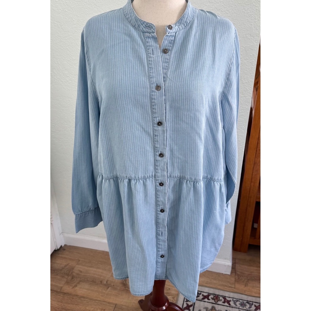 Soft Surroundings Aegean Tencel Tunic Top Chambray Striped Size 1X Coastal Boho